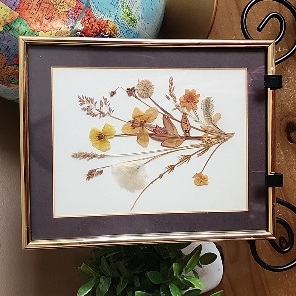 Vintage Pressed Dried Arctic Flowers Gold Framed Floral Art